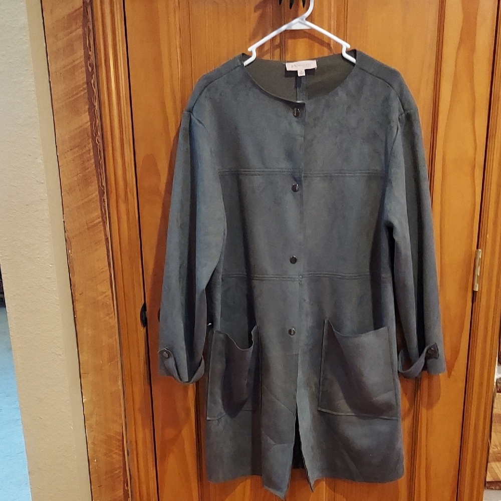 Philosophy Gray Trench Coat Faux Suede material.